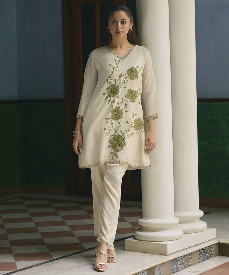 Pista color beautiful girlie chinon fabric embroidered kurta set