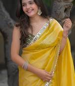 Yellow Color Plain Saree With Embroidery Work With Real Mirror Satin Silk Blend Saree