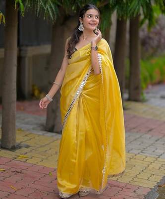 Yellow Color Plain Saree With Embroidery Work With Real Mirror Satin Silk Blend Saree 2