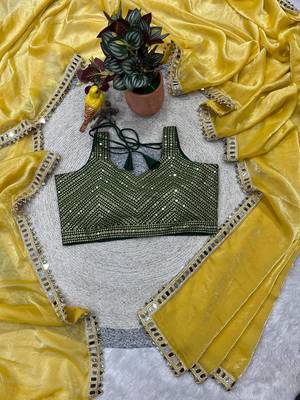 Yellow Color Plain Saree With Embroidery Work With Real Mirror Satin Silk Blend Saree 3