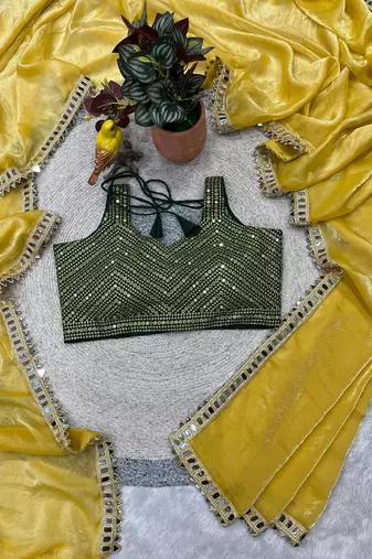 Yellow Color Plain Saree With Embroidery Work With Real Mirror Satin Silk Blend Saree