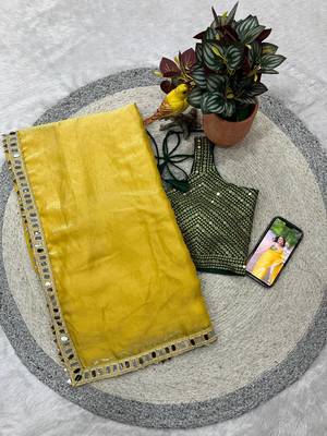 Yellow Color Plain Saree With Embroidery Work With Real Mirror Satin Silk Blend Saree 4
