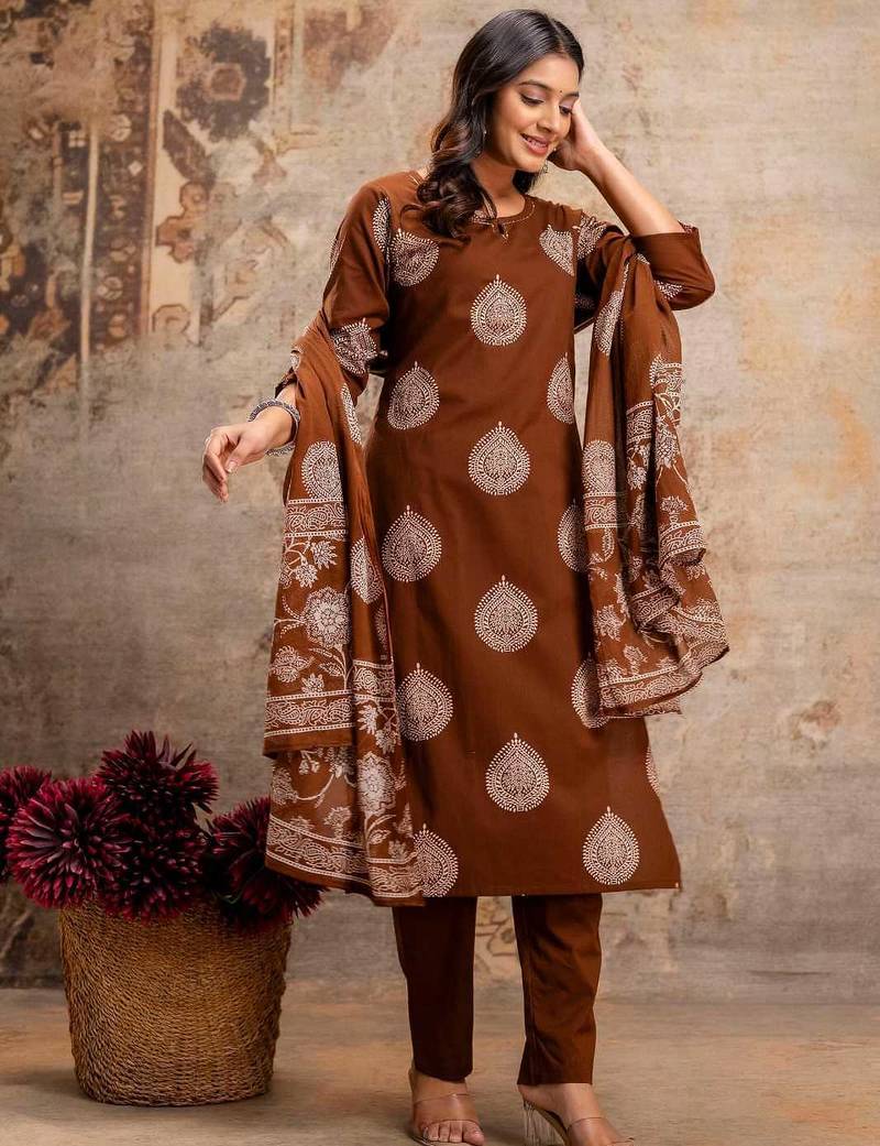 Cotton cambric straight  kurti-pant-dupatta  set