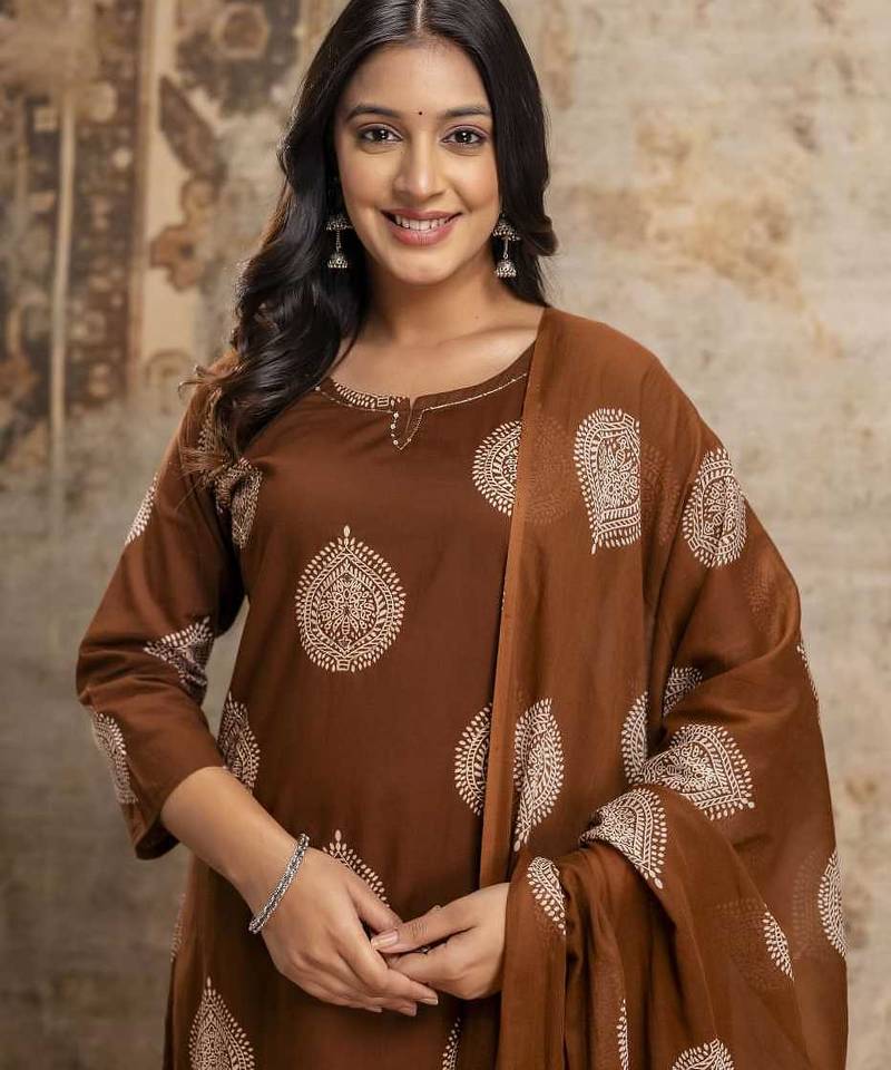 Cotton cambric straight  kurti-pant-dupatta  set