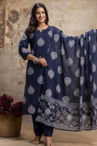 Cotton cambric straight  kurti-pant-dupatta  set