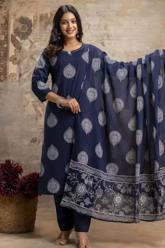 Cotton cambric straight  kurti-pant-dupatta  set