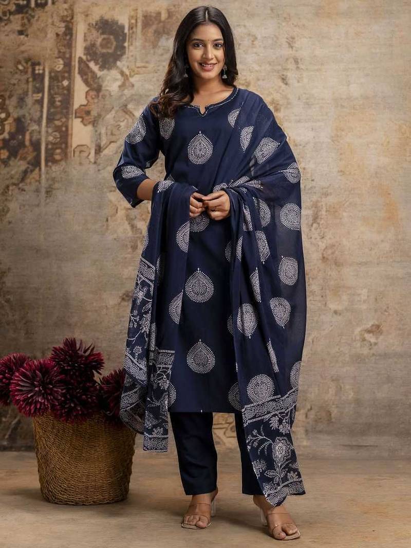 Cotton cambric straight  kurti-pant-dupatta  set