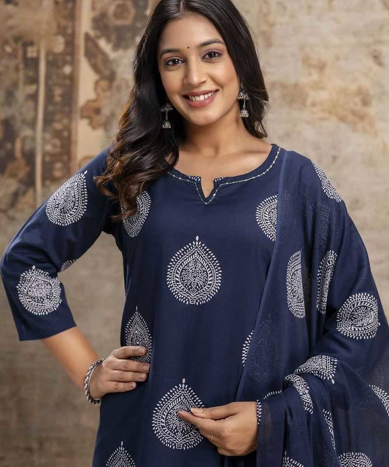 Cotton cambric straight  kurti-pant-dupatta  set