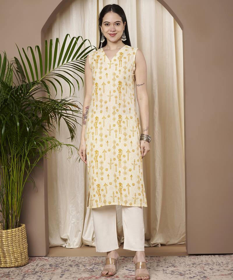 Mustard color cotton fabric designer printed stylish formal kurta