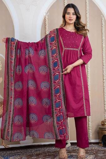Cotton cambric a-line kurti-pant-dupatta  set