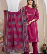 Cotton cambric a-line kurti-pant-dupatta  set