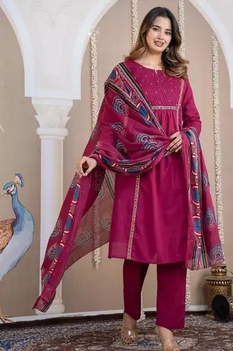 Cotton cambric a-line kurti-pant-dupatta  set