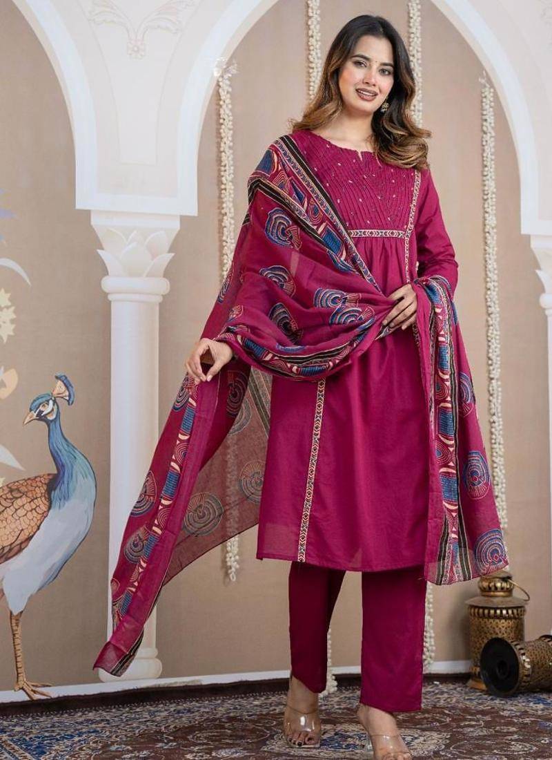 Cotton cambric a-line kurti-pant-dupatta  set