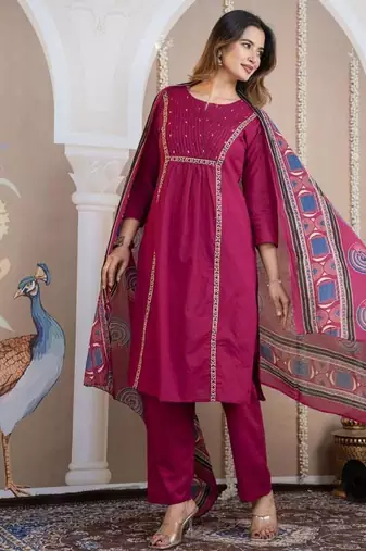 Cotton cambric a-line kurti-pant-dupatta  set