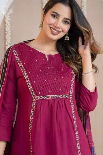 Cotton cambric a-line kurti-pant-dupatta  set