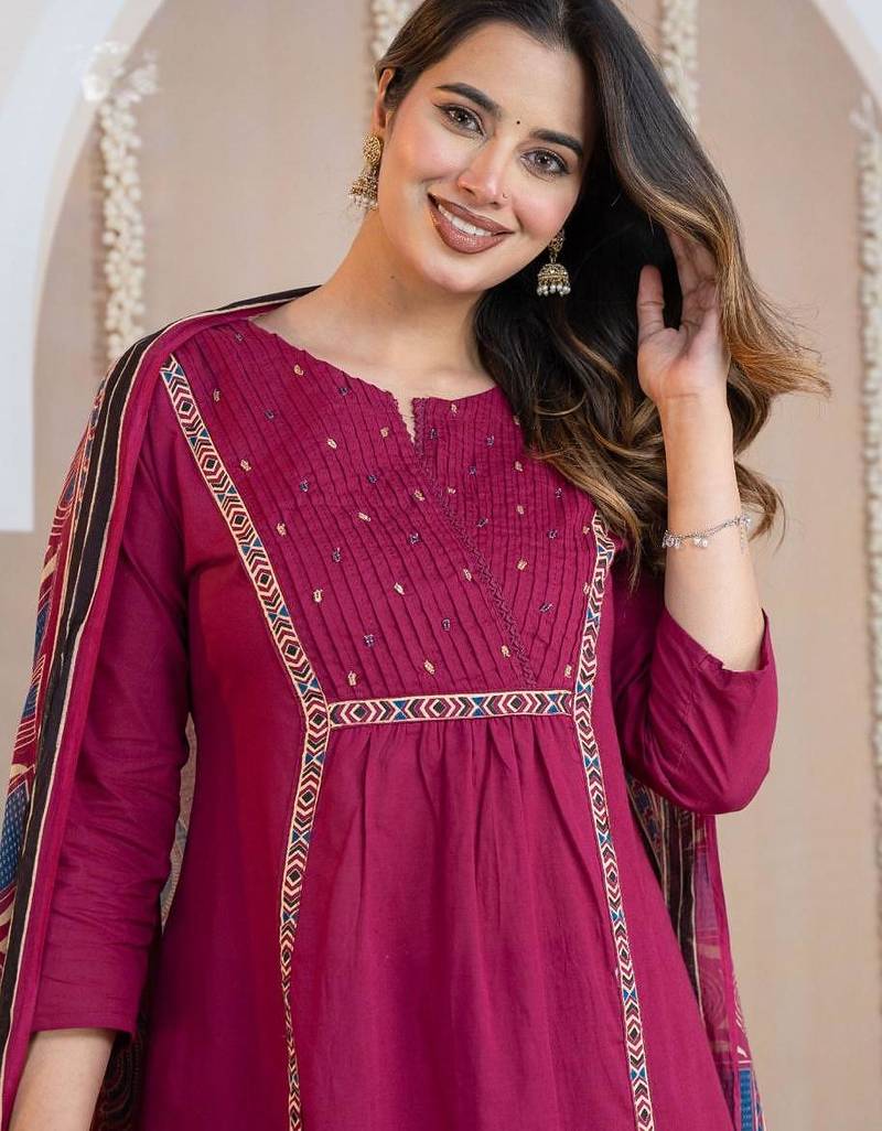 Cotton cambric a-line kurti-pant-dupatta  set
