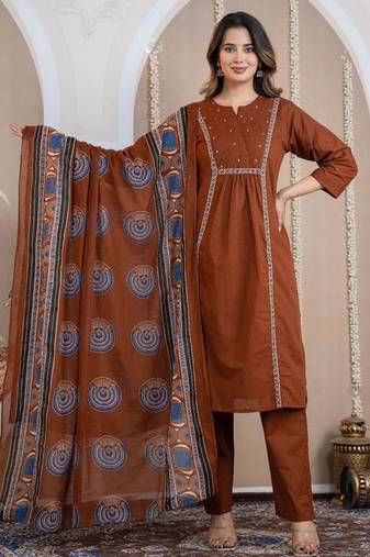 Cotton cambric a-line kurti-pant-dupatta  set