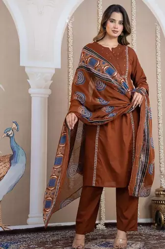 Cotton cambric a-line kurti-pant-dupatta  set