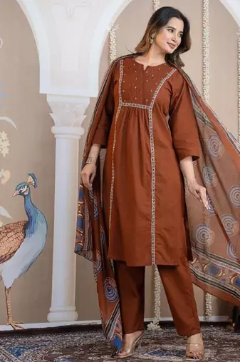 Cotton cambric a-line kurti-pant-dupatta  set