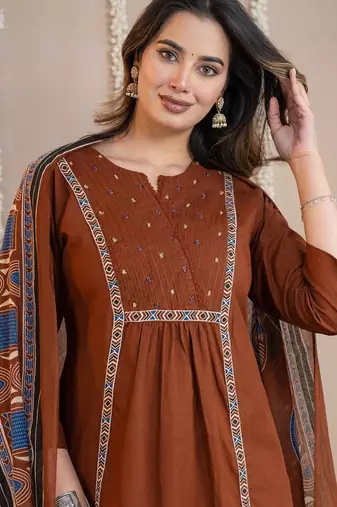 Cotton cambric a-line kurti-pant-dupatta  set