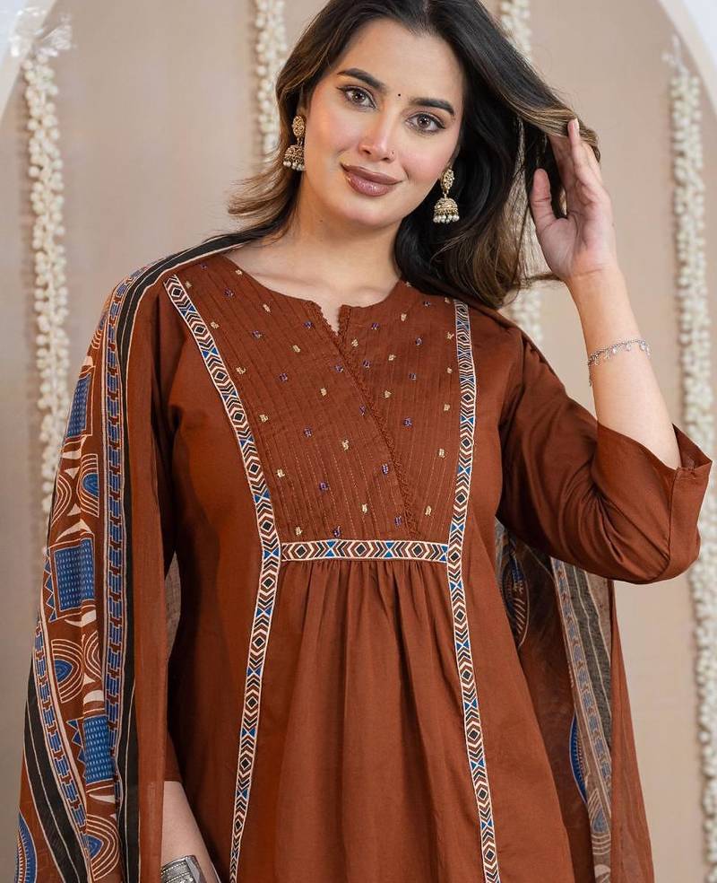 Cotton cambric a-line kurti-pant-dupatta  set