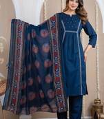 Cotton cambric a-line kurti-pant-dupatta  set
