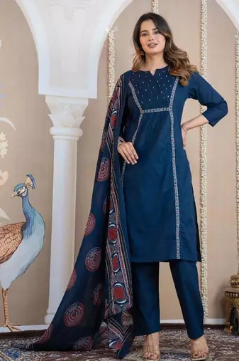 Cotton cambric a-line kurti-pant-dupatta  set