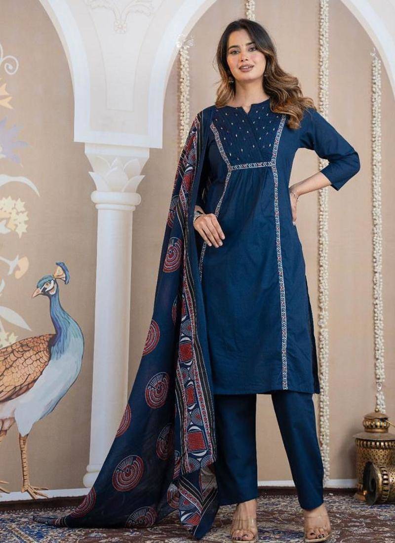 Cotton cambric a-line kurti-pant-dupatta  set