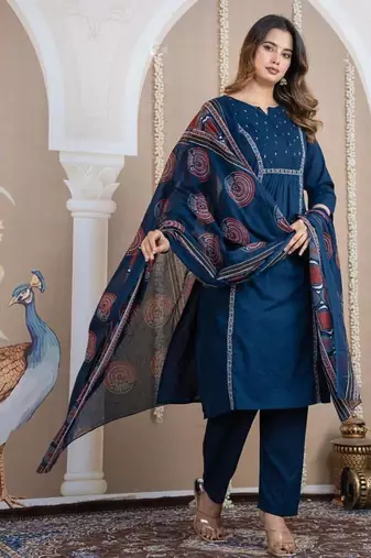 Cotton cambric a-line kurti-pant-dupatta  set