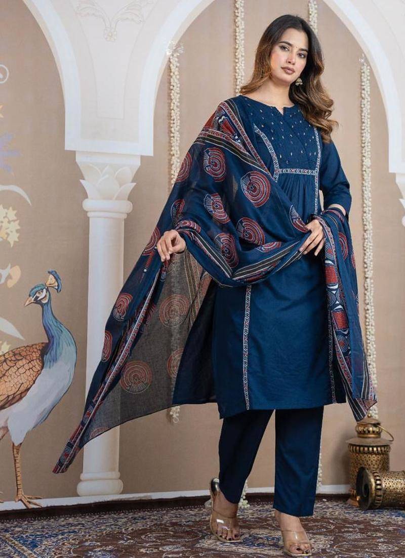 Cotton cambric a-line kurti-pant-dupatta  set