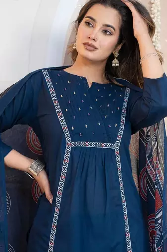 Cotton cambric a-line kurti-pant-dupatta  set