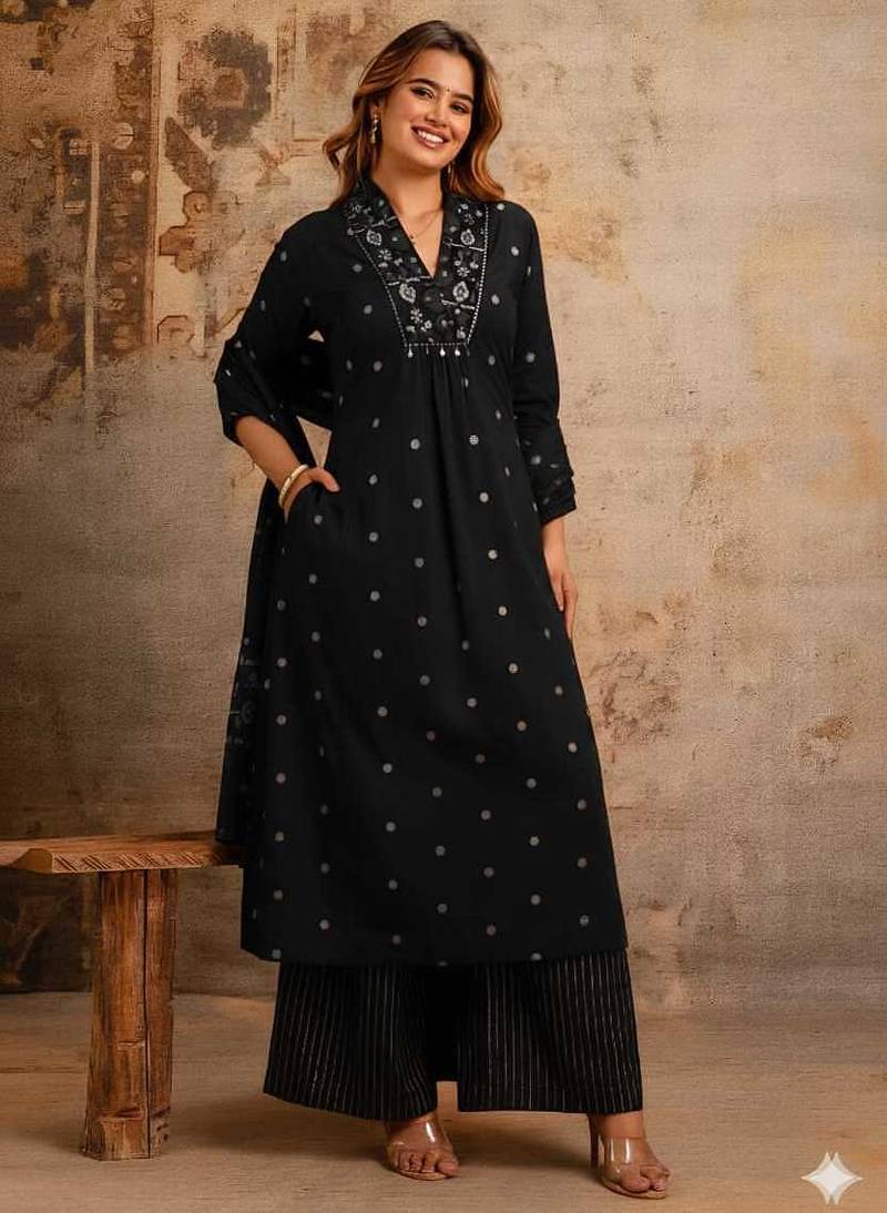 Cotton cambric printed a-line kurti-pant-dupatta  set