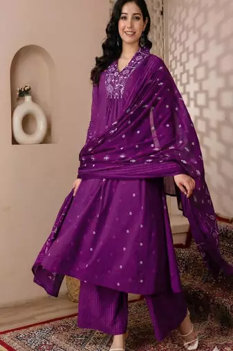 Cotton cambric printed a-line kurti-pant-dupatta  set