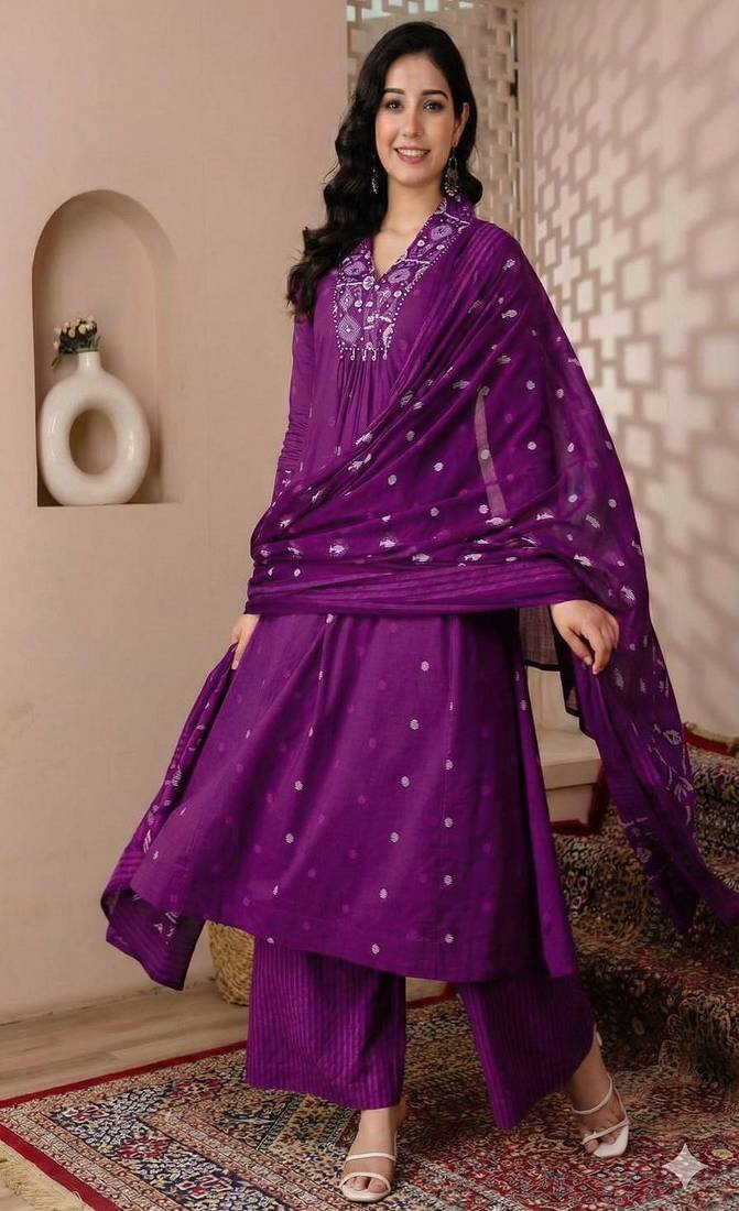 Cotton cambric printed a-line kurti-pant-dupatta  set