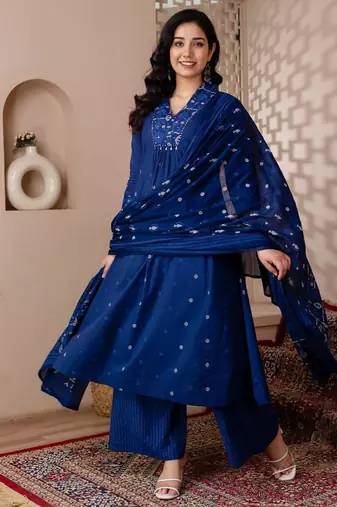 Cotton cambric printed a-line kurti-pant-dupatta  set