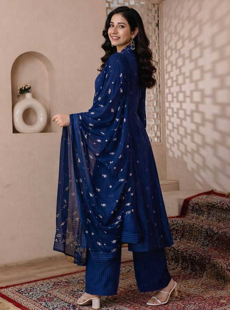 Cotton cambric printed a-line kurti-pant-dupatta  set