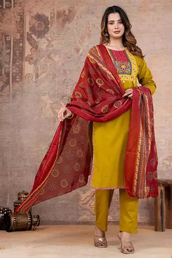 Cotton cambric printed straight  kurti-pant-dupatta  set