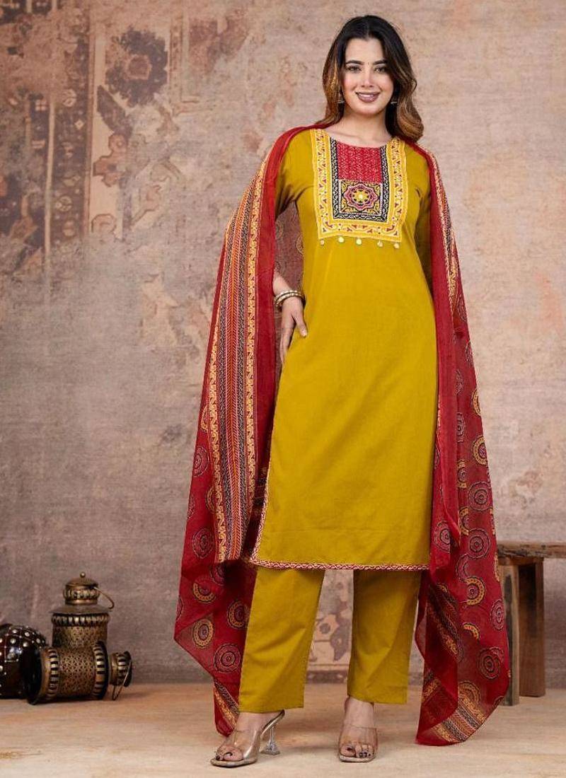 Cotton cambric printed straight  kurti-pant-dupatta  set