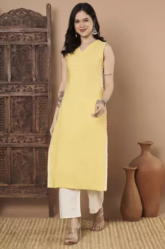Yellow color cotton fabric solid stylish formal kurta