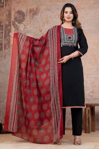 Cotton cambric printed straight  kurti-pant-dupatta  set