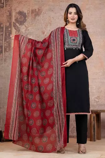 Cotton cambric printed straight  kurti-pant-dupatta  set