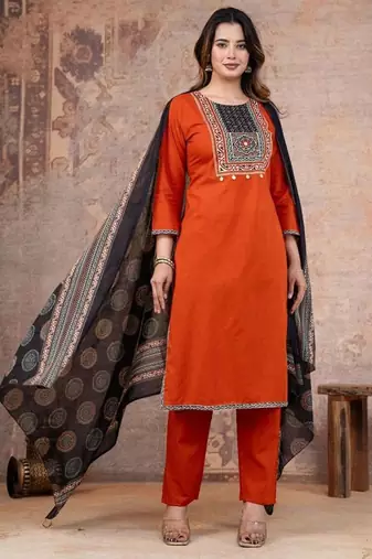 Cotton cambric printed straight  kurti-pant-dupatta  set