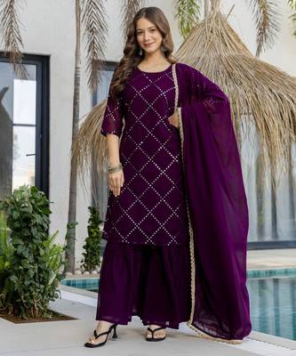 Wine faux georgette beautiful graceful ceremonial kurta set 1
