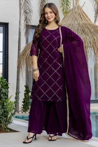 Wine faux georgette fabric beautiful graceful ceremonial kurta set
