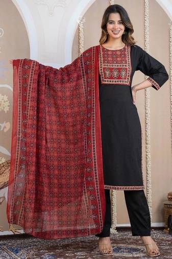 Cotton cambric printed straight  kurti-pant-dupatta  set