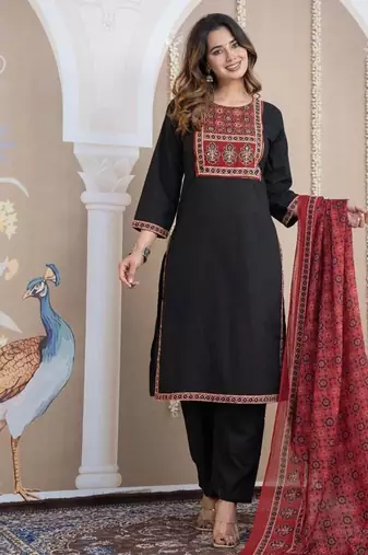 Cotton cambric printed straight  kurti-pant-dupatta  set