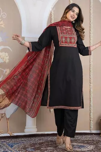 Cotton cambric printed straight  kurti-pant-dupatta  set