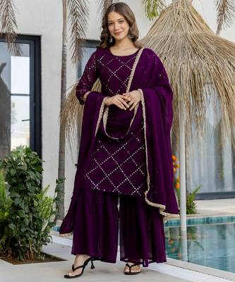 Wine faux georgette beautiful graceful ceremonial kurta set 4