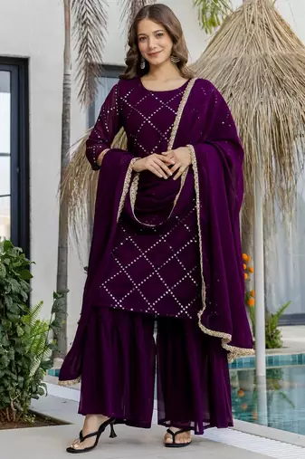 Wine faux georgette beautiful graceful ceremonial kurta set