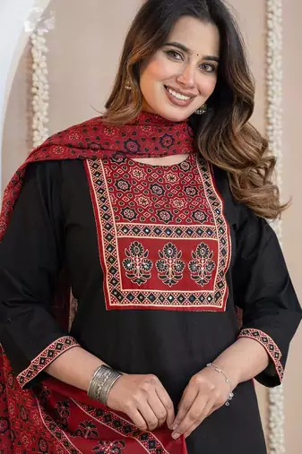 Cotton cambric printed straight  kurti-pant-dupatta  set